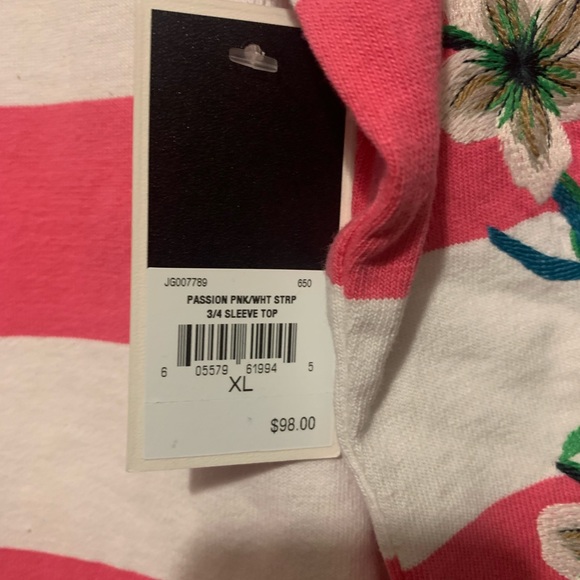 NWT - Juicy Couture - Pink & White Striped Hibiscus 3/4 Sleeved Top — Size: XL - Picture 5 of 8